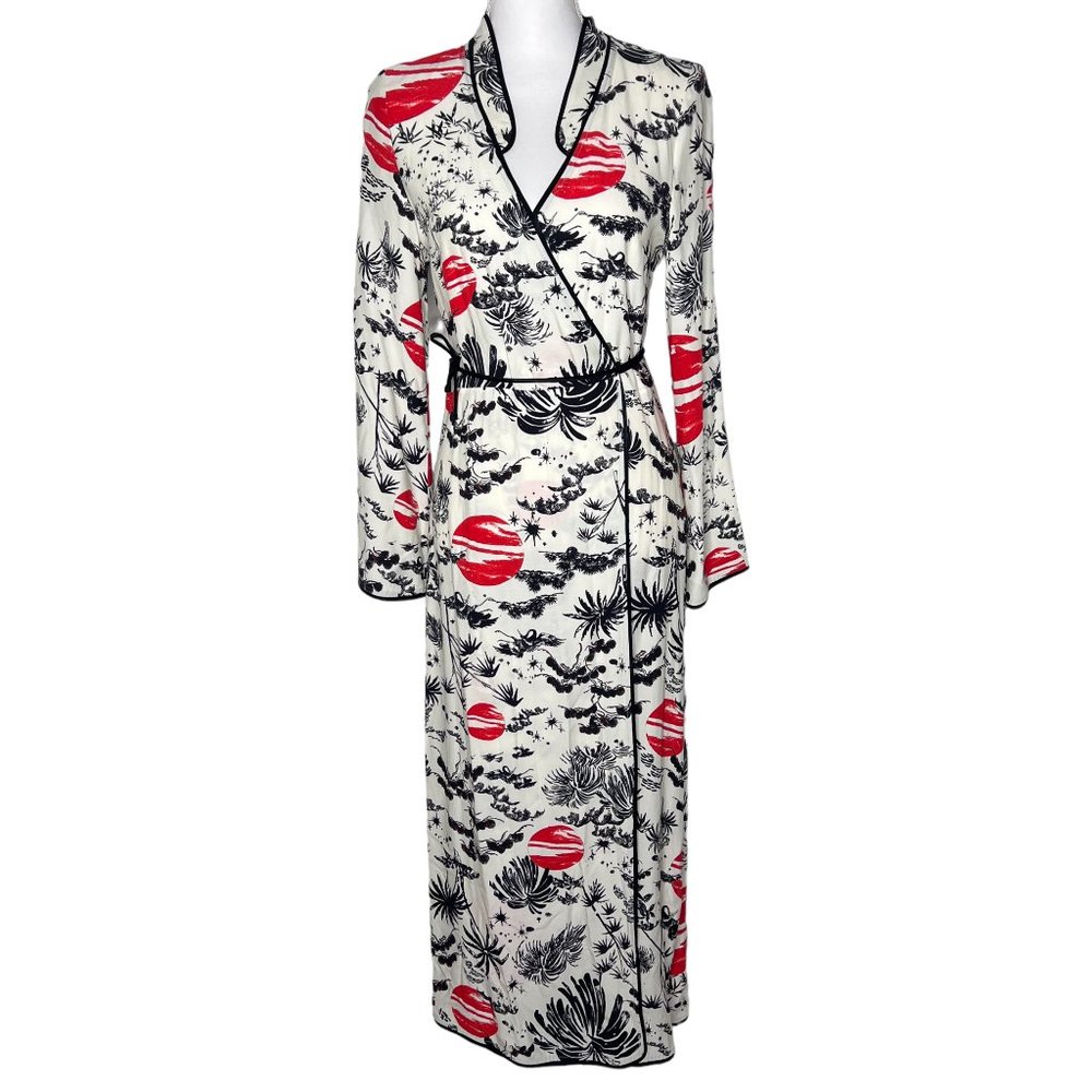 Rixo Longsleeve Printed Kimono Dress Ivory Black Red Size S